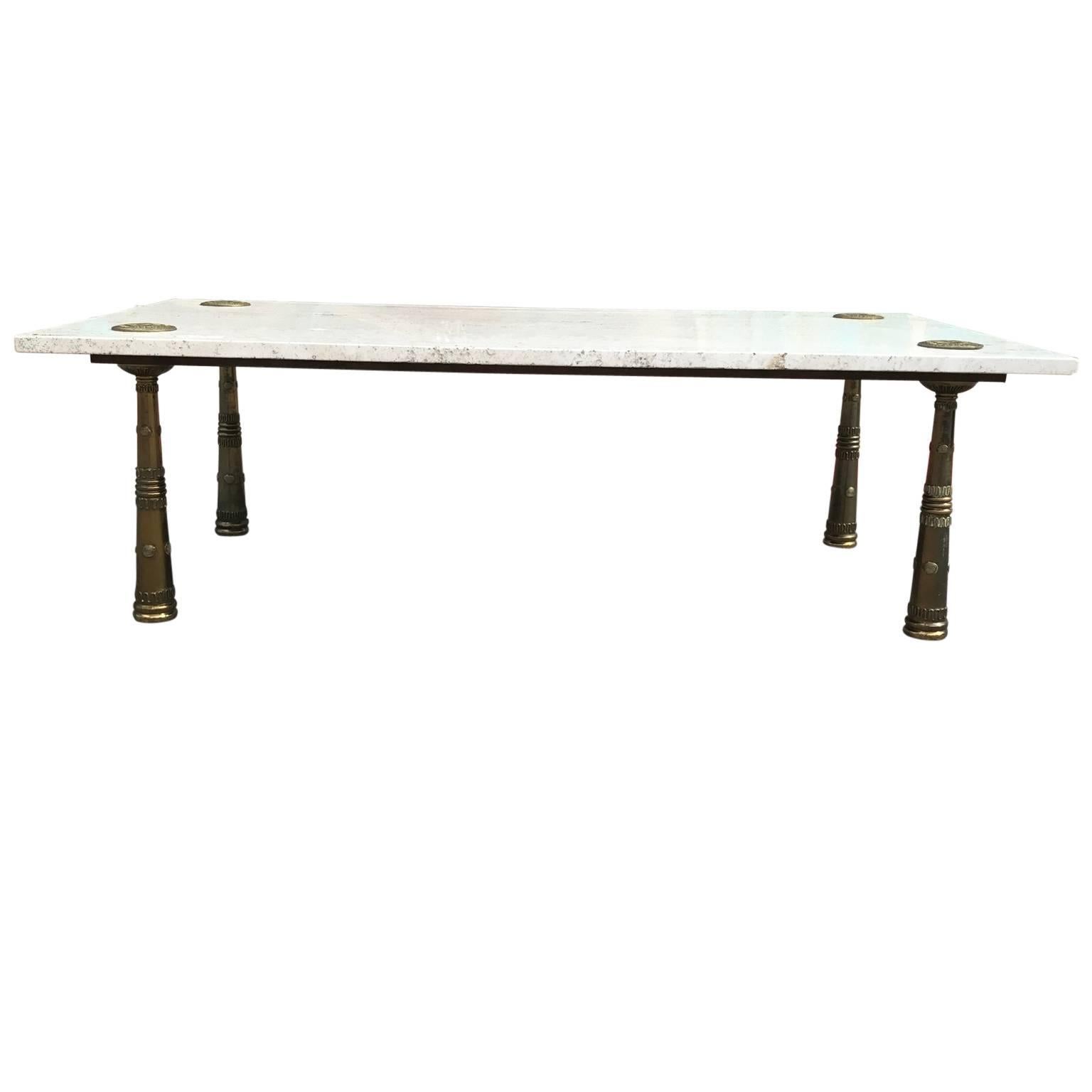 Hollywood Regency Monteverdi Young Travertine and Brass Rectangular Modern Coffee Table