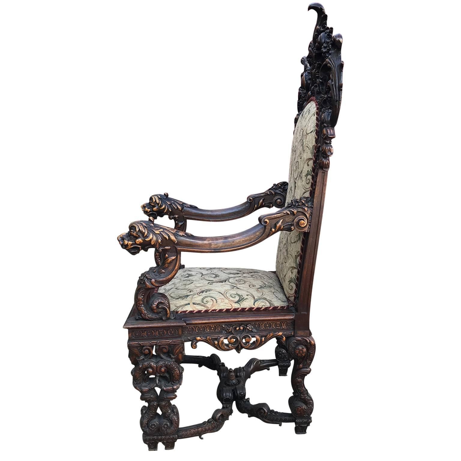 Rococo Revival Highly Carved Pair of Rococo Throne Chairs with Cream Cushions