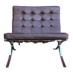 Modern Brown Leather Barcelona Style Lounge Chair with Chrome Base