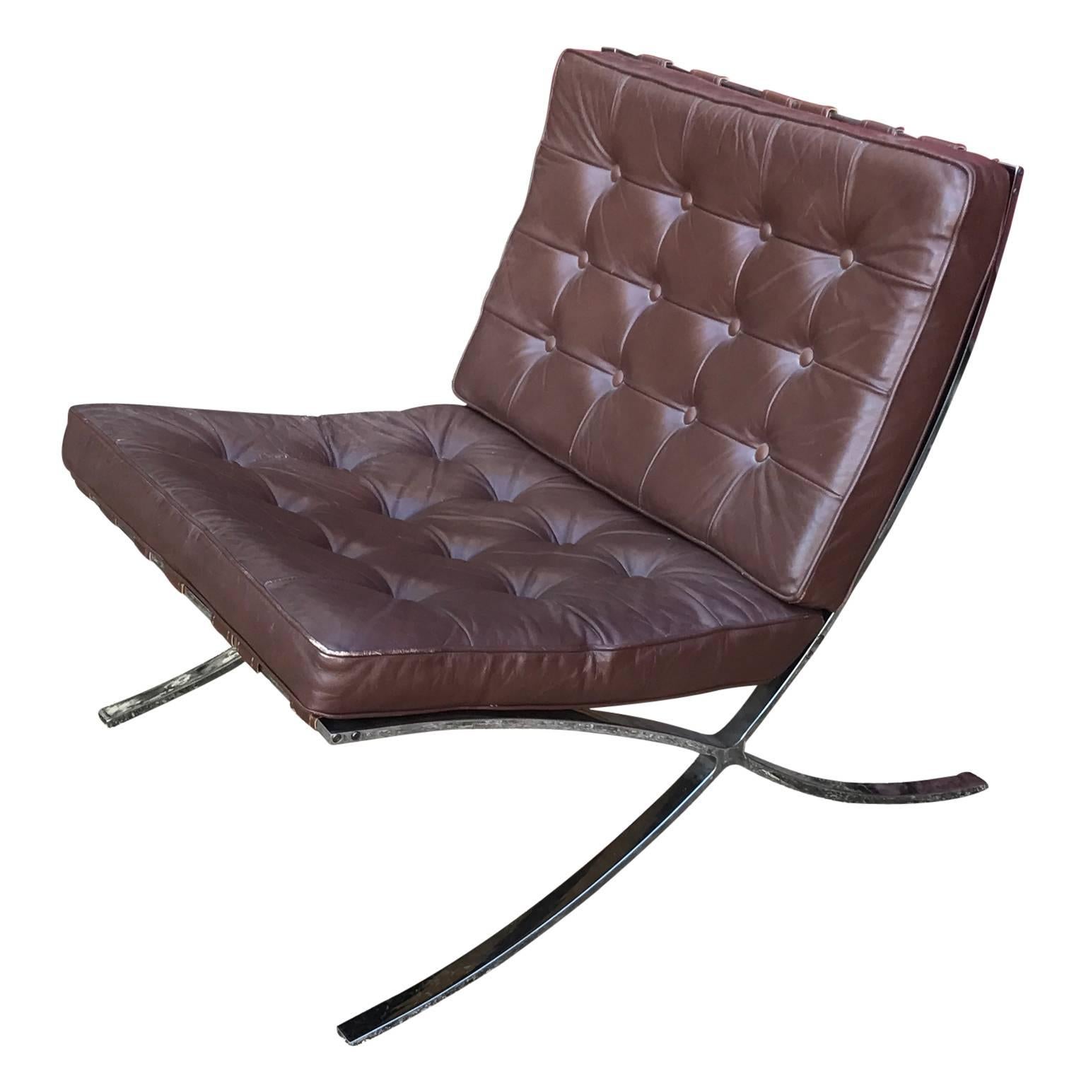 Modern Brown Leather Barcelona Style Lounge Chair with Chrome Base