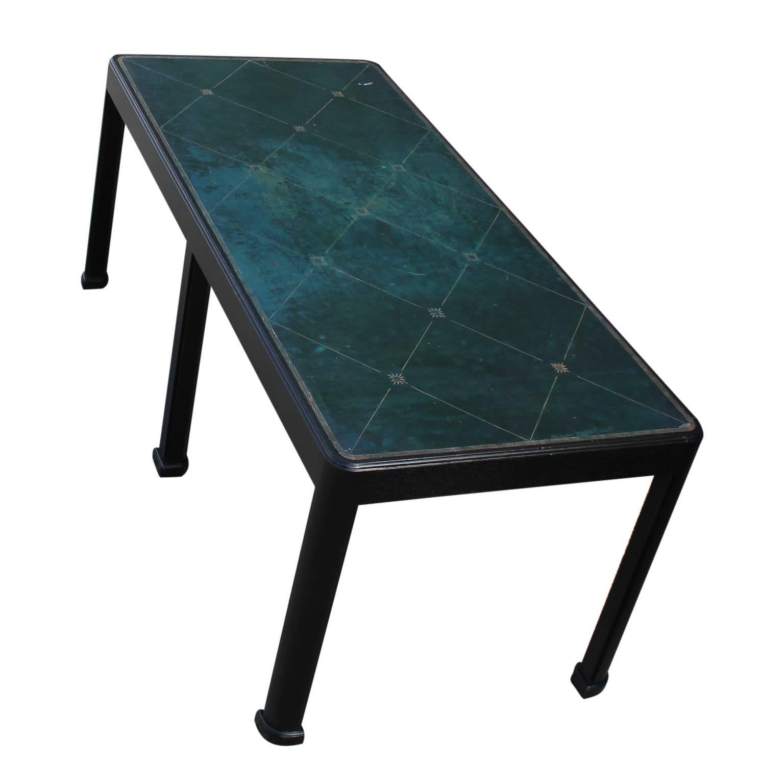 Hollywood Regency Modern Rectangular Leather Topped Tommi Parzinger Style Ebony Coffee Table 