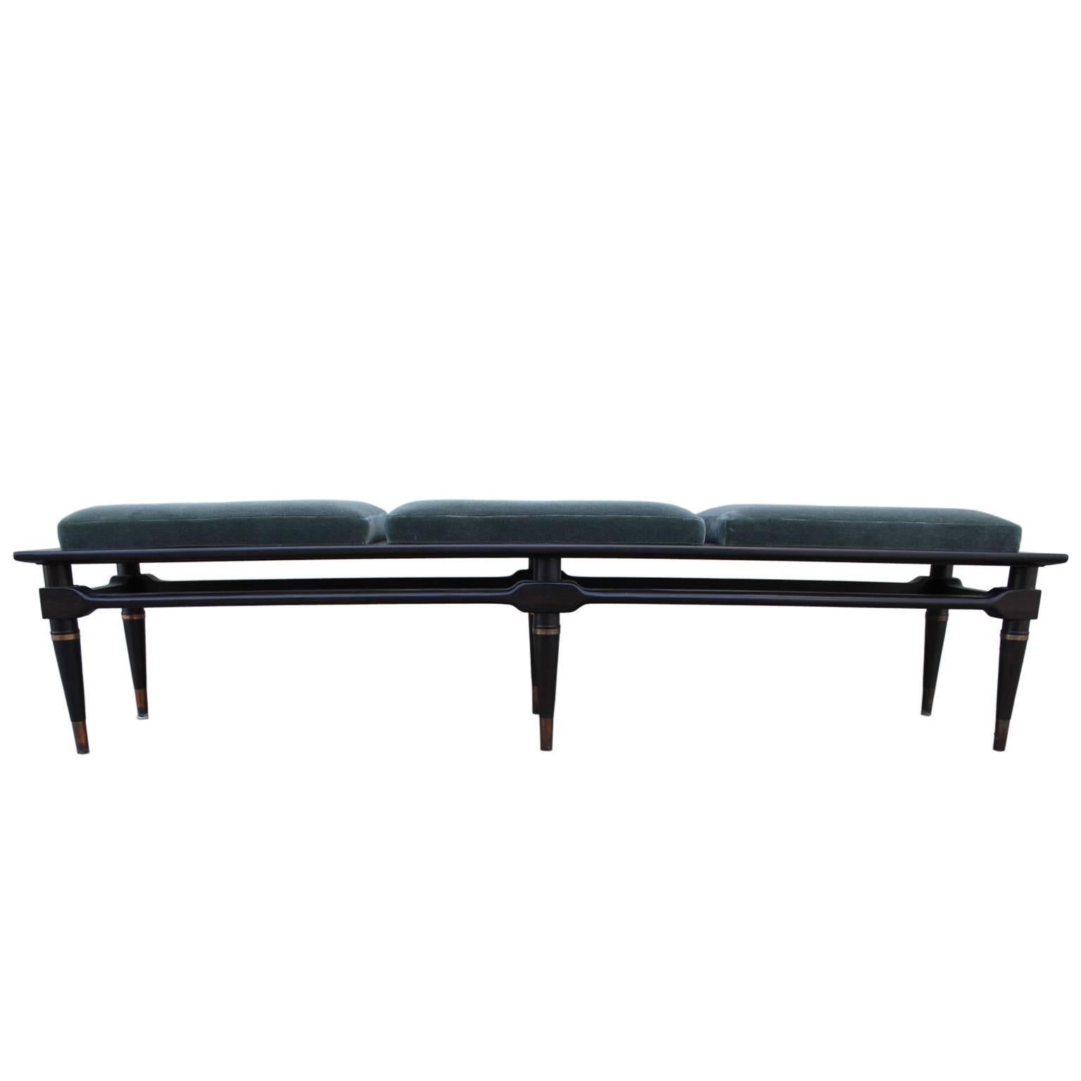 American Modern Ebony Mohair Three-Seat Bench with Brass Accents