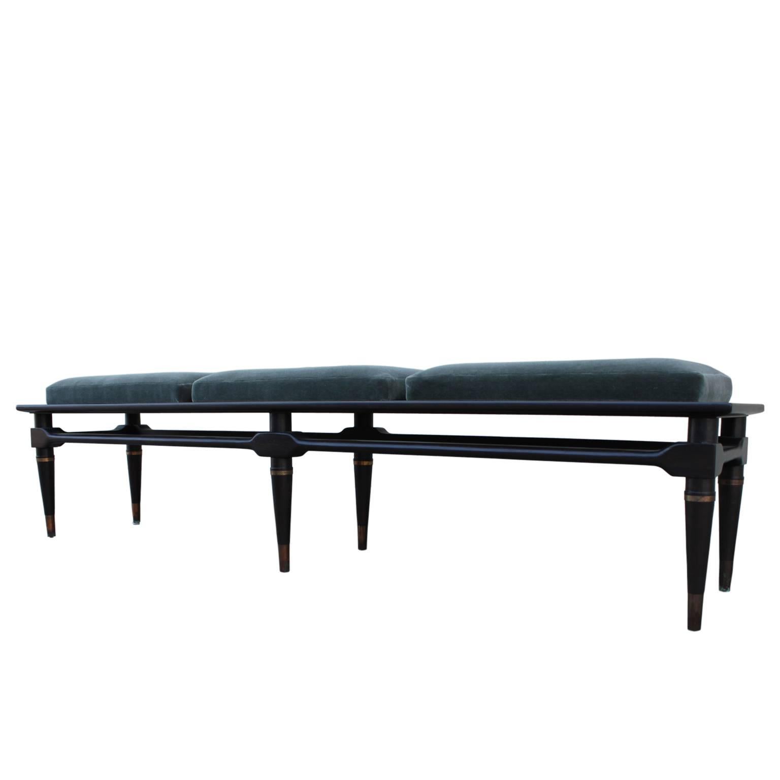 Mid-20th Century Modern Ebony Mohair Three-Seat Bench with Brass Accents