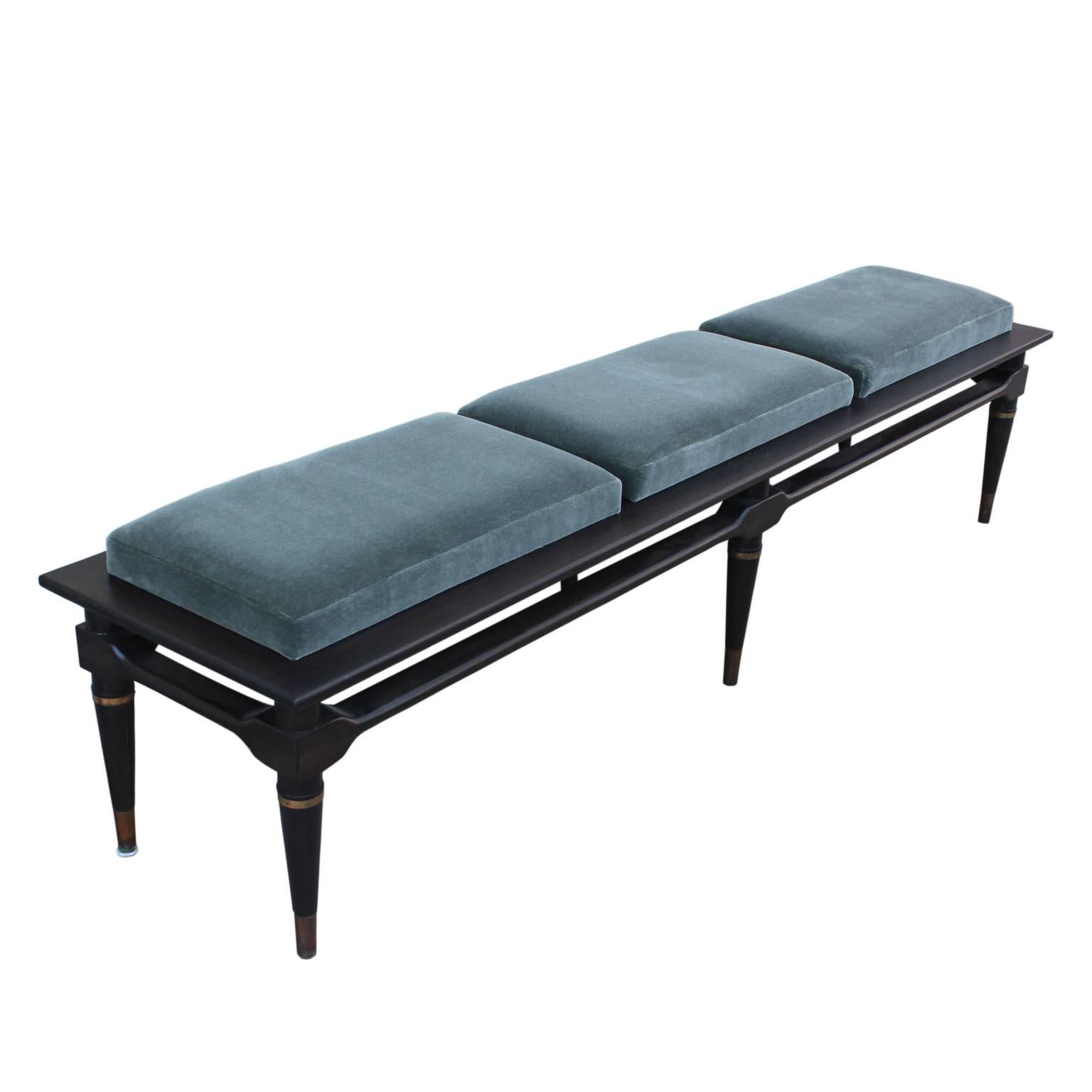 Modern Ebony Mohair Three-Seat Bench with Brass Accents