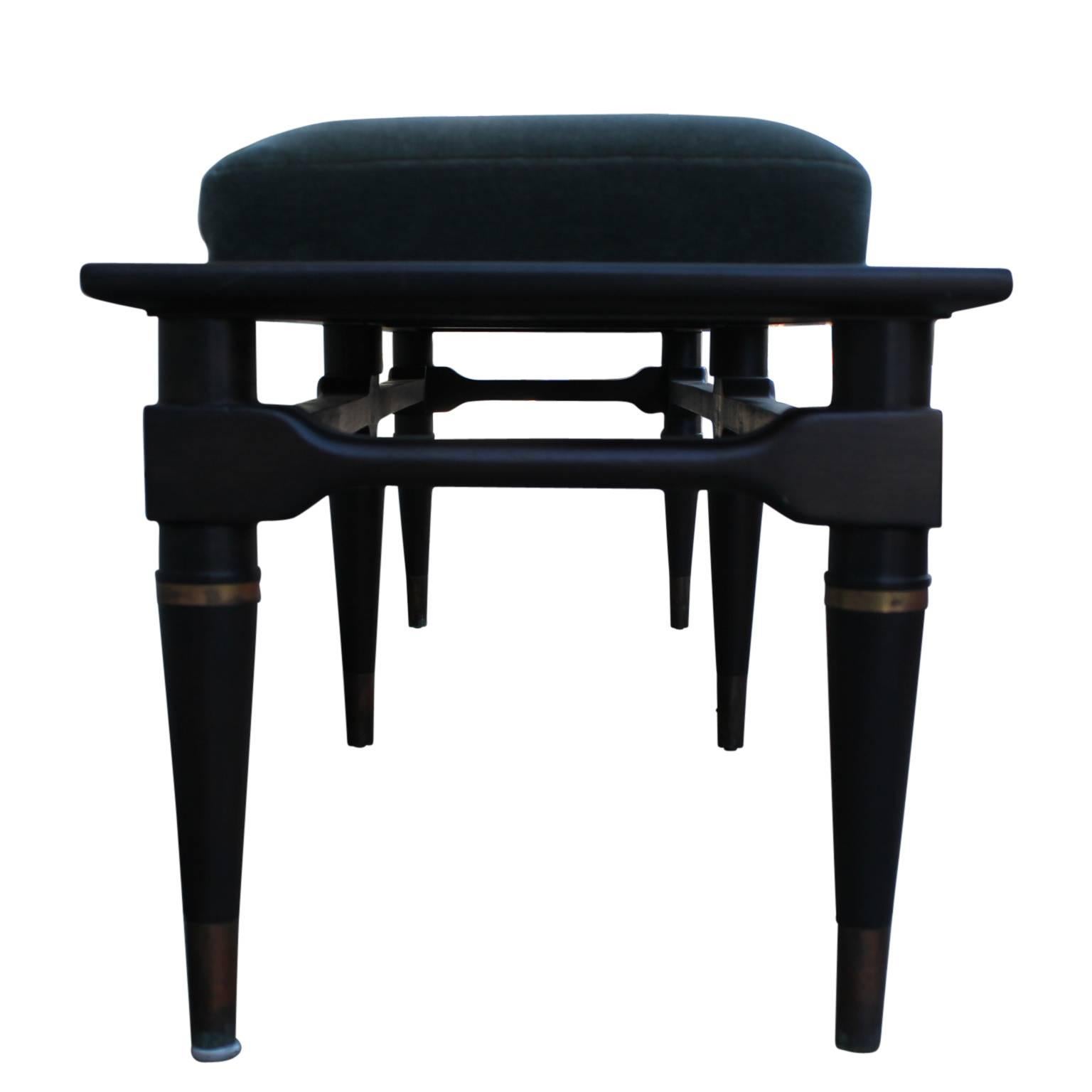 Modern Ebony Mohair Three-Seat Bench with Brass Accents 2
