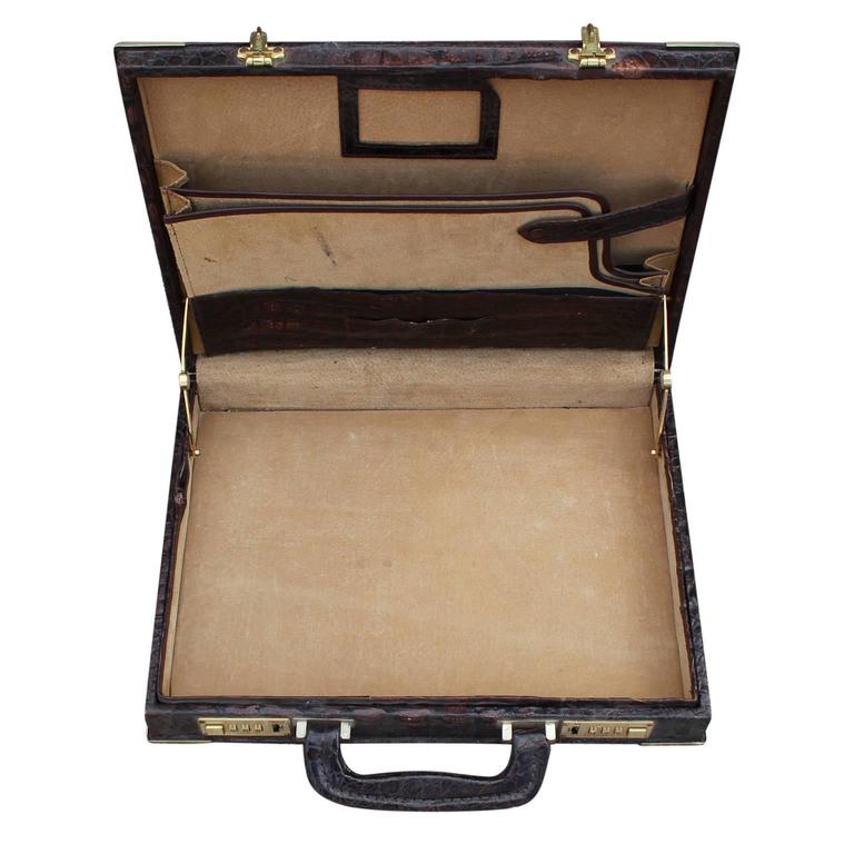 Vintage Dark Brown Crocodile Amiet Briefcase with Brass Hardware and