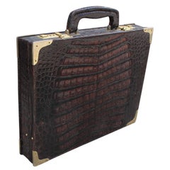 Vintage Dark Brown Crocodile Amiet Briefcase with Brass Hardware and Lock Code