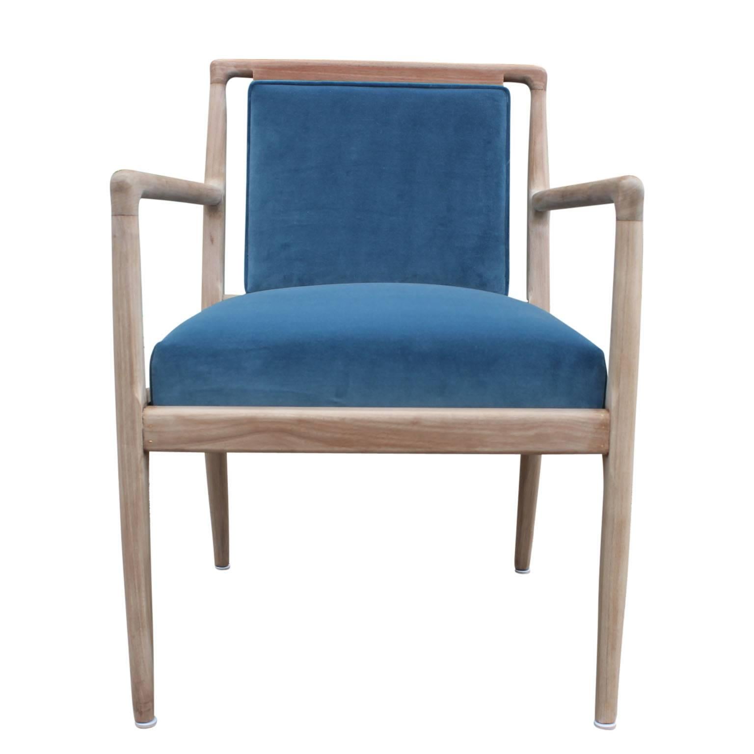 American Modern Pair of Gibbings Style Blue Velvet and Bleached Wood Modern Lounge Chairs