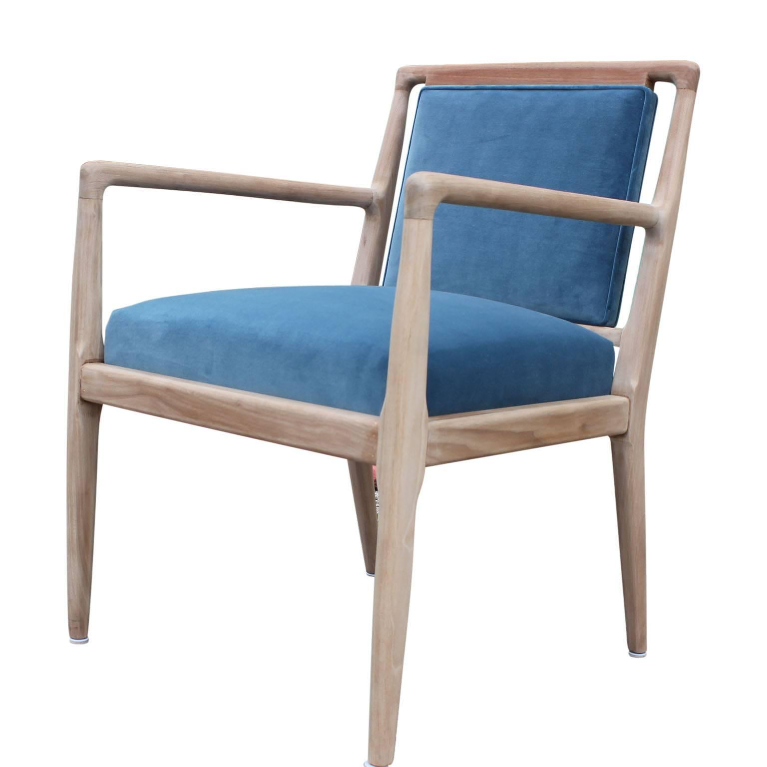 Modern Pair of Gibbings Style Blue Velvet and Bleached Wood Modern Lounge Chairs In Excellent Condition In Houston, TX