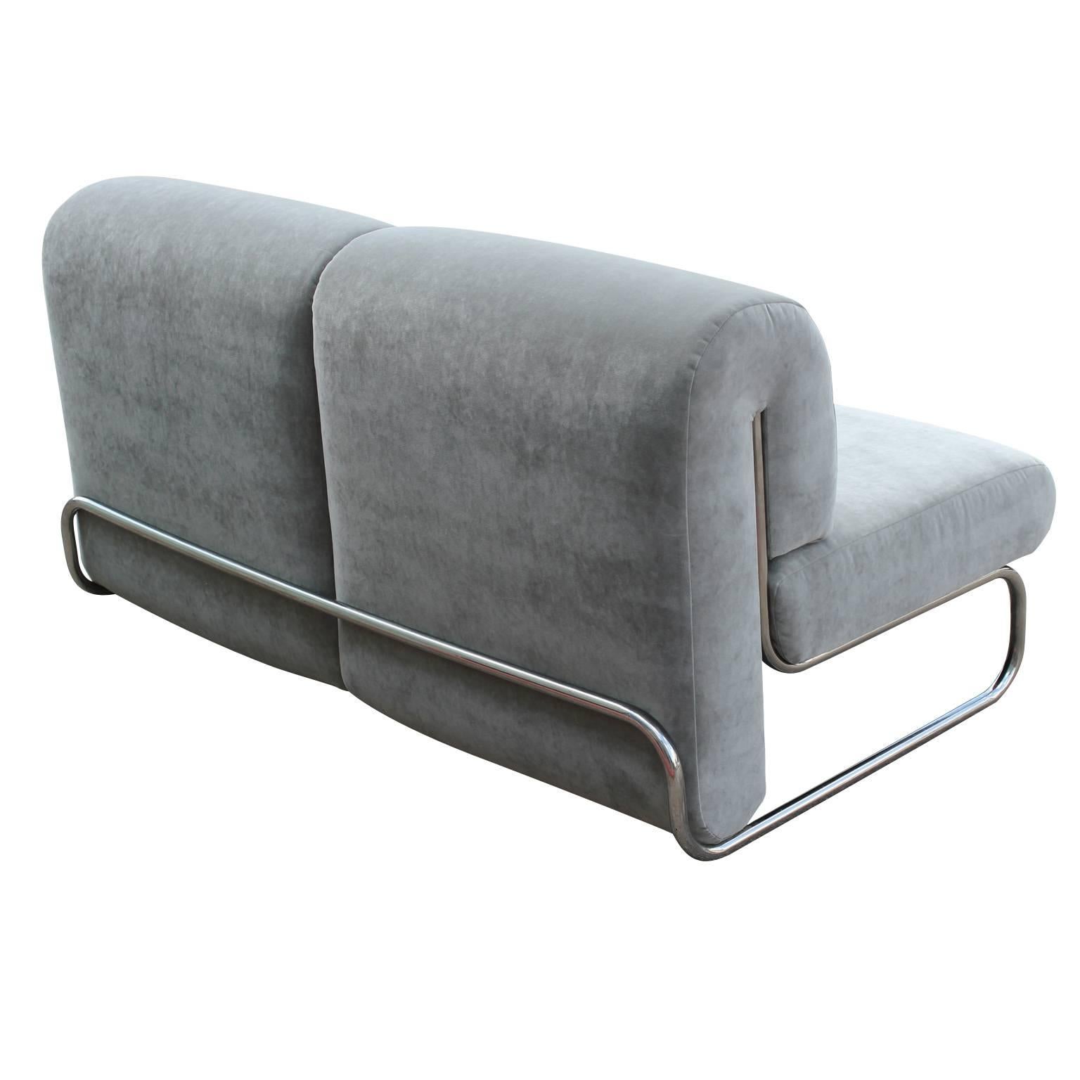 1970s Italian Modern Loveset Sofa in Soft Grey Velvet with Tubular Chrome 1