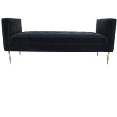 Modern Tufted Armed Bench in Dark Grey Velvet with Brass Legs