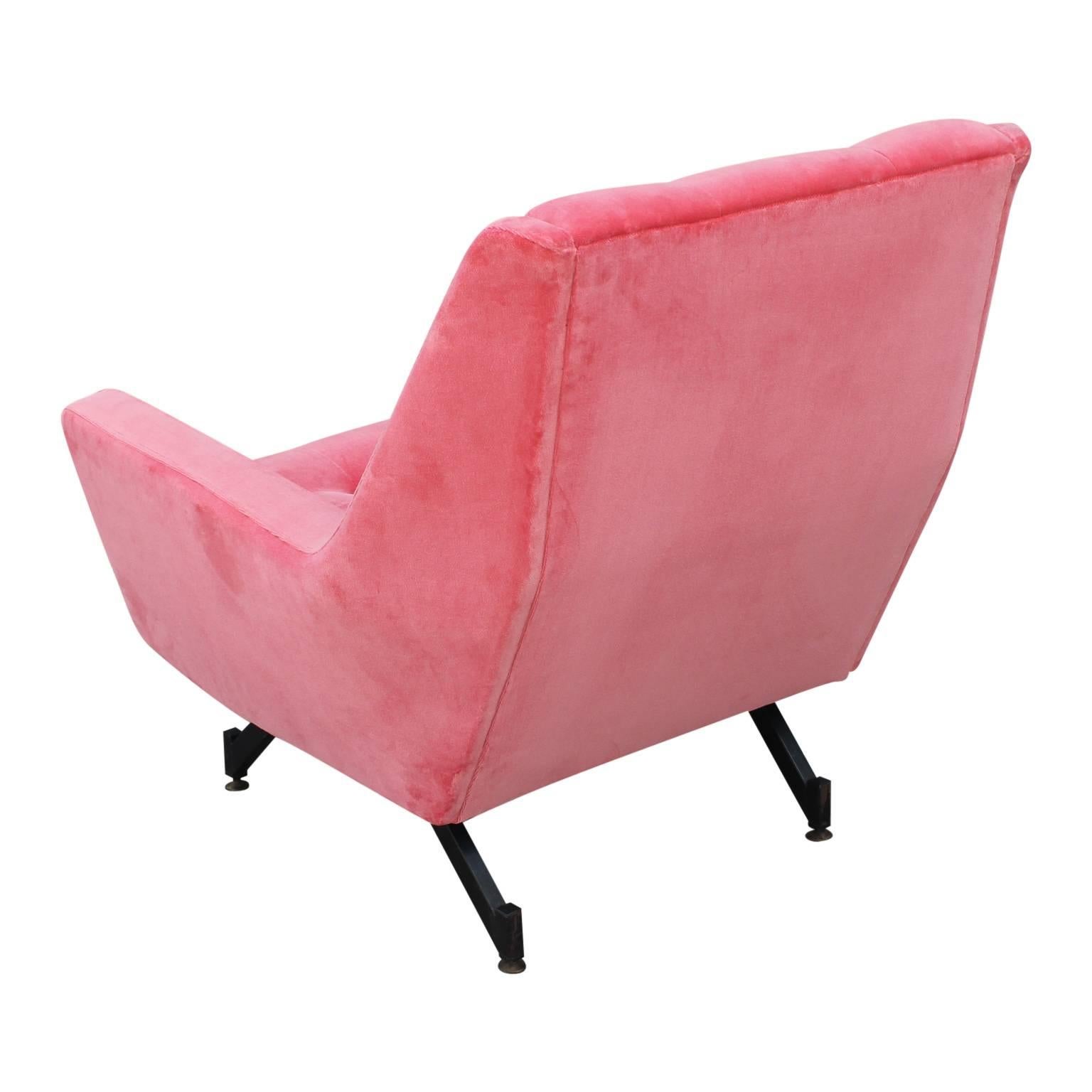 Mid-Century Modern Pair of Italian Modern Tufted Lounge Chairs in Coral Pink Velvet Adjustable Legs