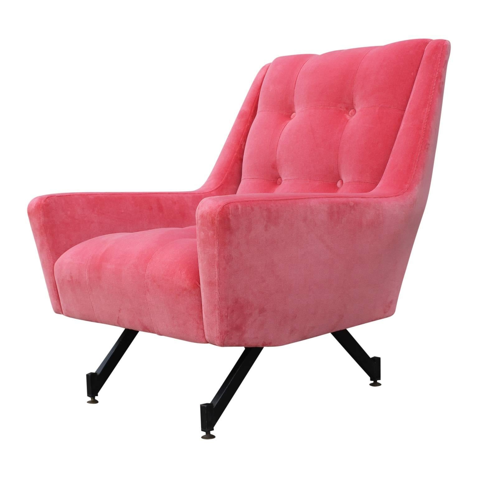 Pair of Italian Modern Tufted Lounge Chairs in Coral Pink Velvet Adjustable Legs In Excellent Condition In Houston, TX