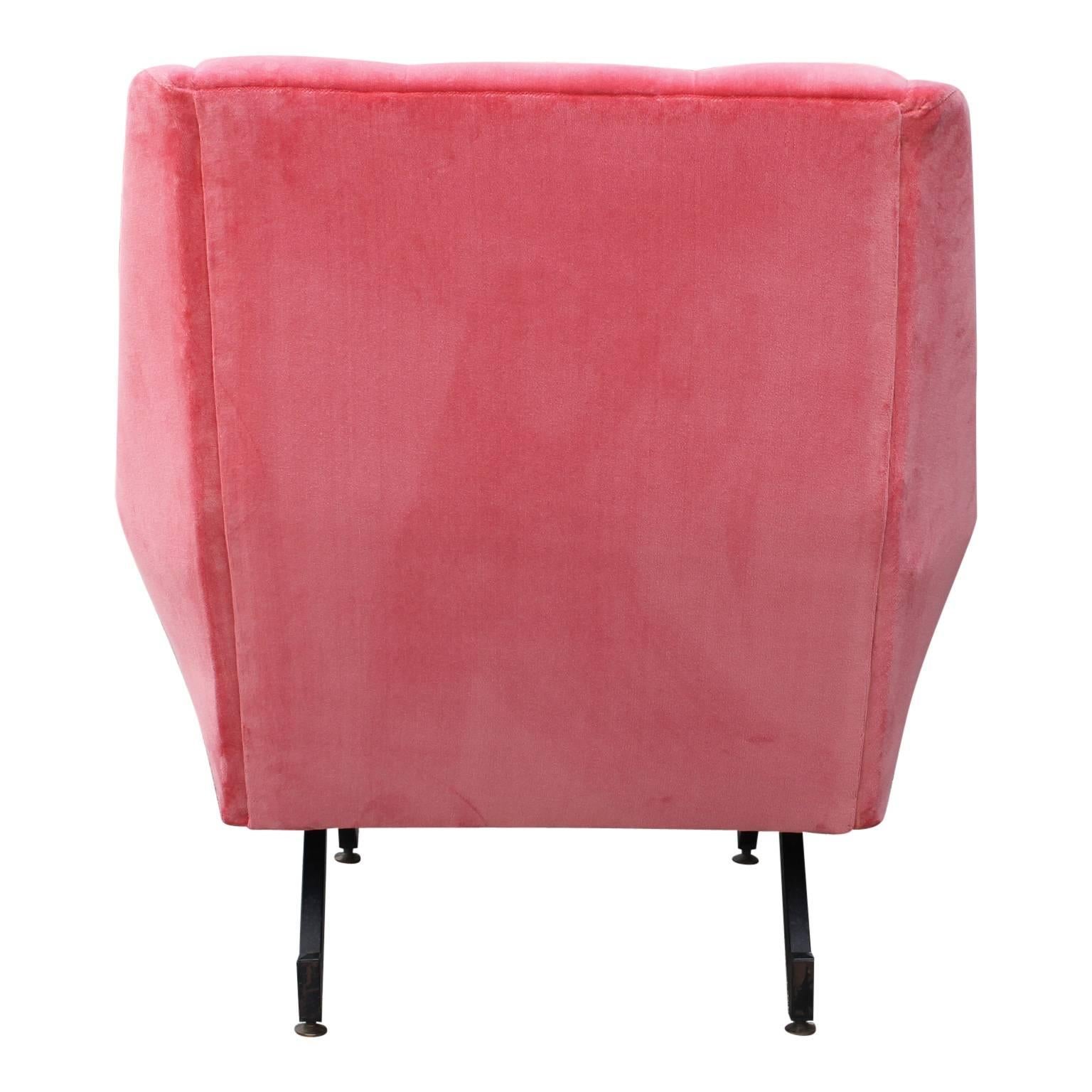 Pair of Italian Modern Tufted Lounge Chairs in Coral Pink Velvet Adjustable Legs 1