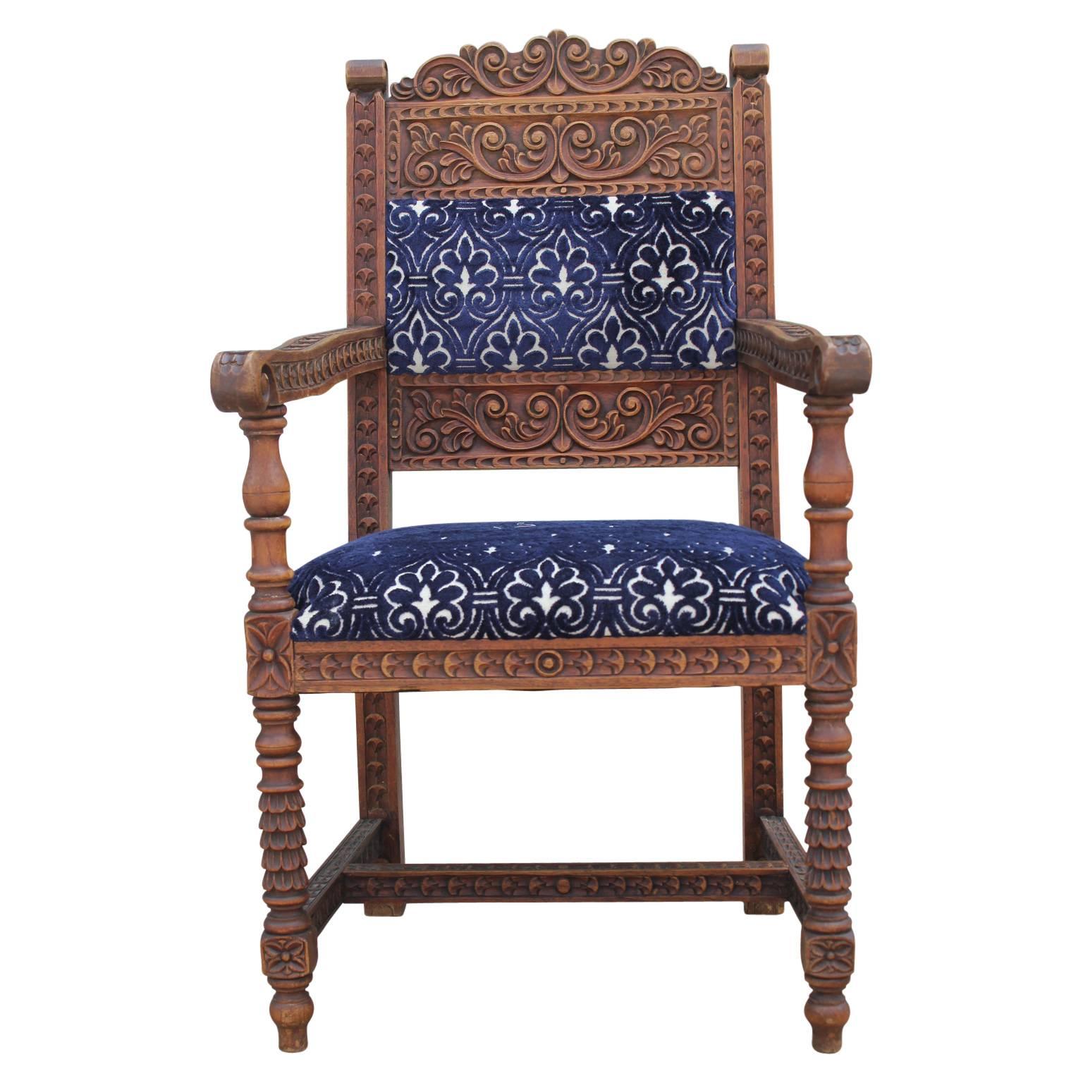 Pair of Carved Rococo Style Armchairs in Deep Blue Velvet Fabric 1