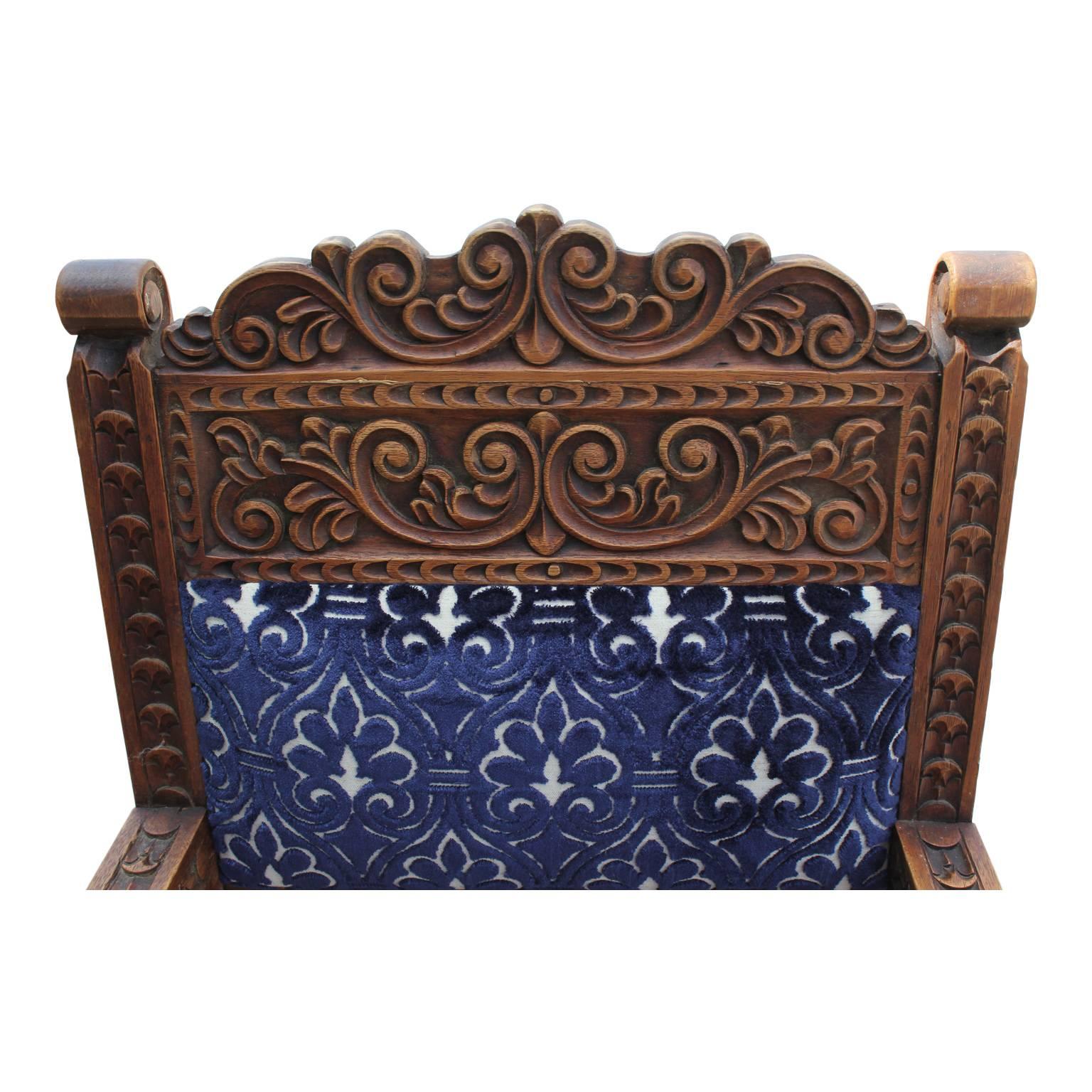 Pair of Carved Rococo Style Armchairs in Deep Blue Velvet Fabric 3