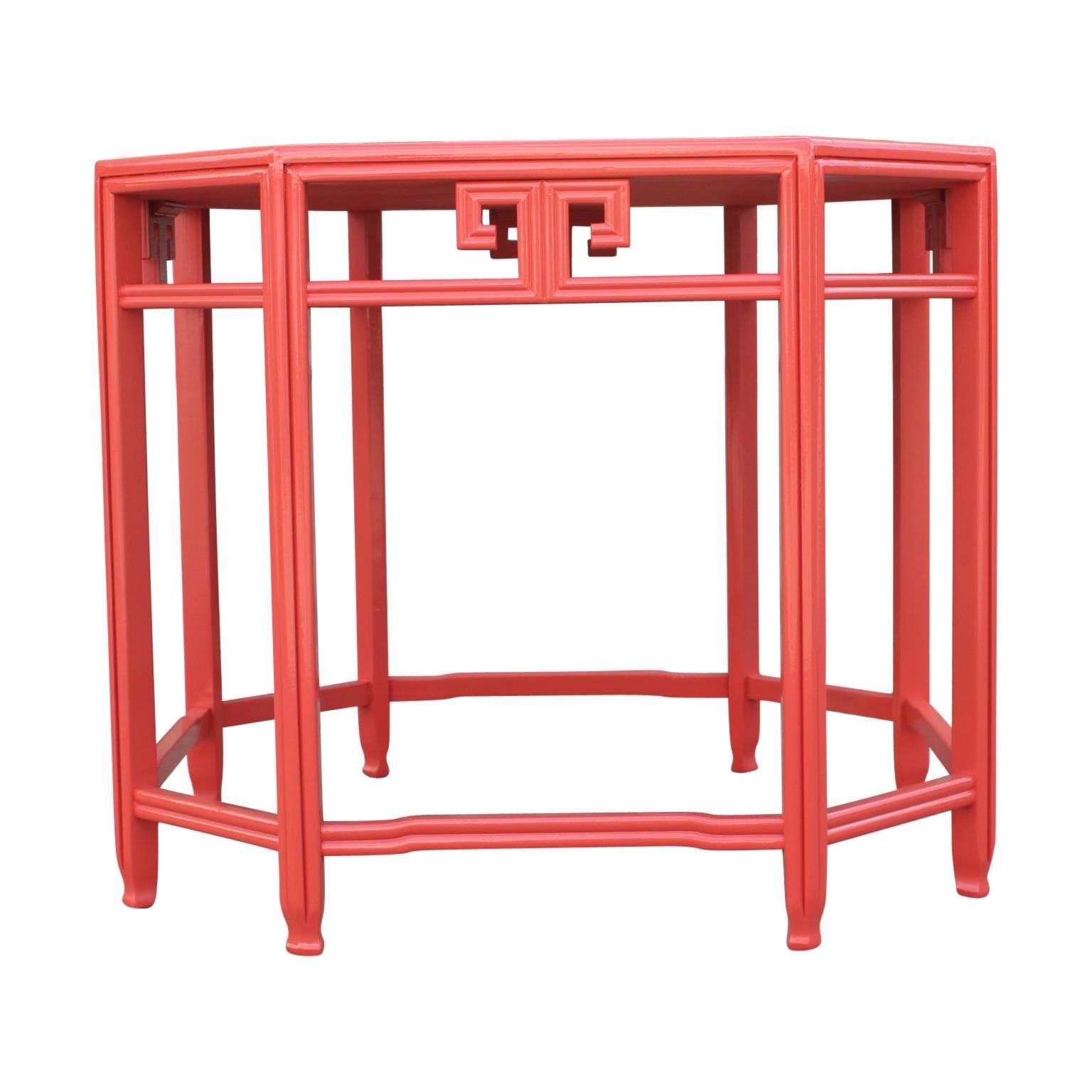 Hollywood Regency Modern Asian Orange Coral Lacquered Side or End Table by Baker