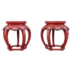 Pair of Red Orange Asian Chinoiserie Side Tables/Stools