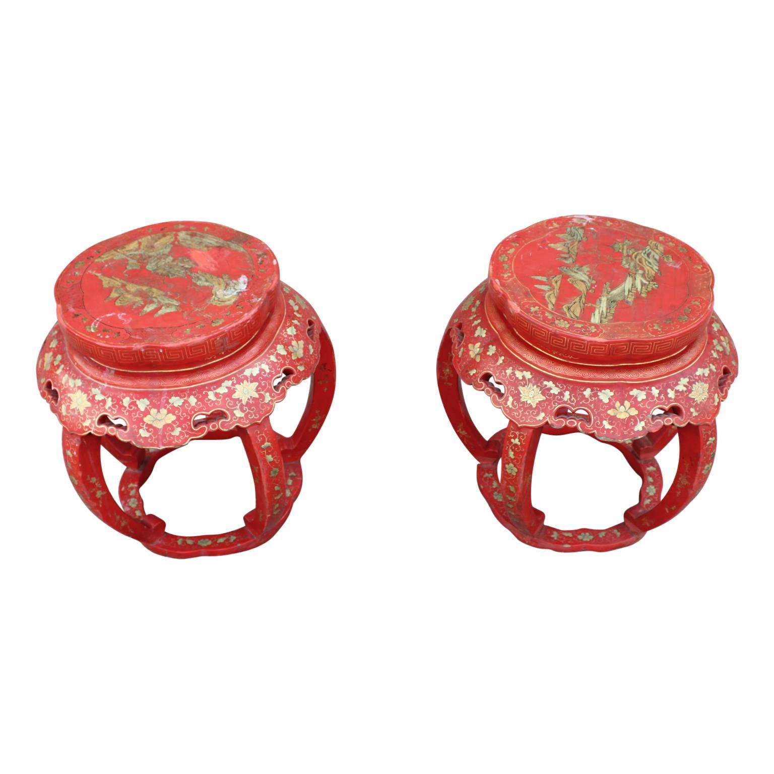 Pair of Red Orange Asian Chinoiserie Side Tables/Stools In Good Condition In Houston, TX