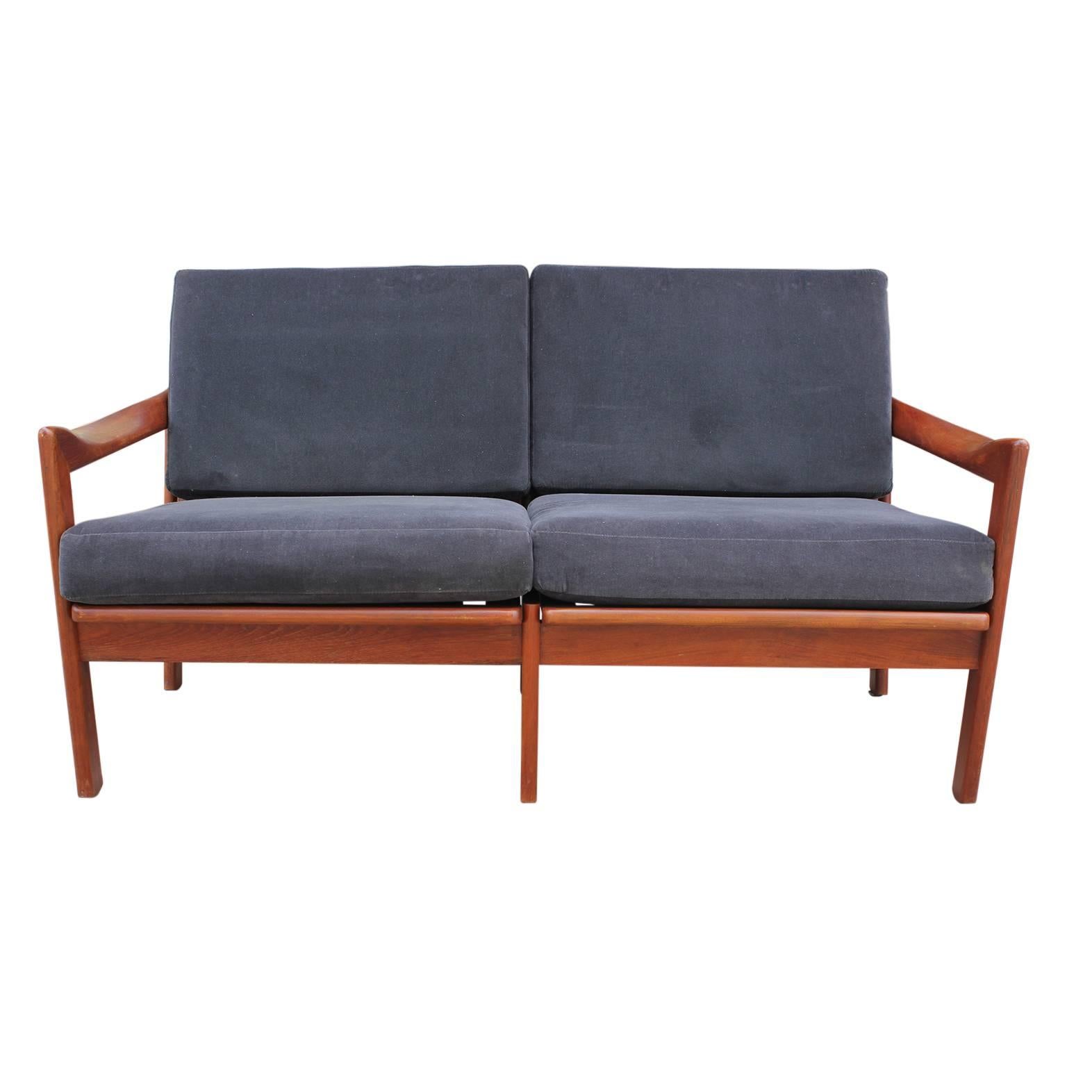 Mid-Century Modern Illum Wikkelso Modern Danish Teak Settee or Loveseat in Grey Velvet