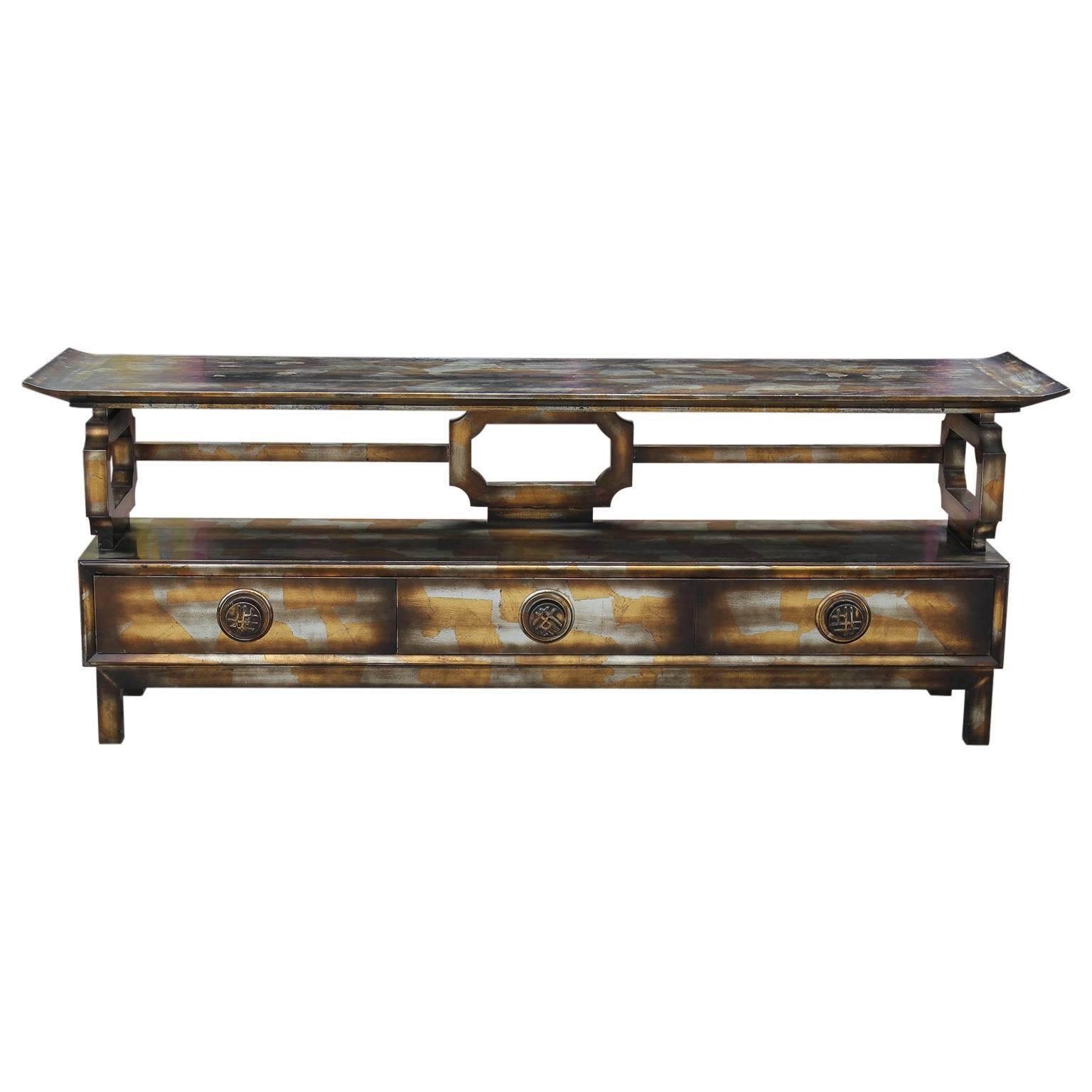 James Mont Asian Pagoda Top Console Table or Sideboard Silver Gold Leaf