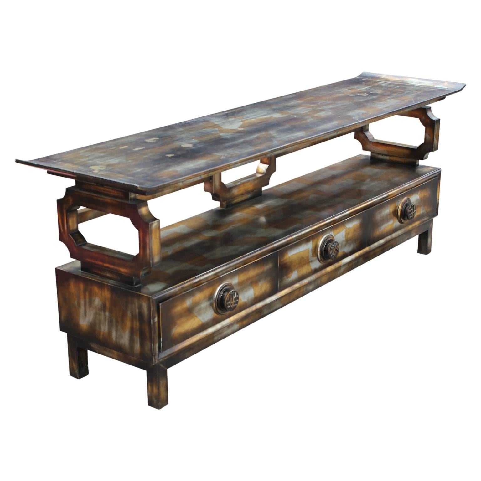 Hollywood Regency James Mont Asian Pagoda Top Console Table or Sideboard Silver Gold Leaf
