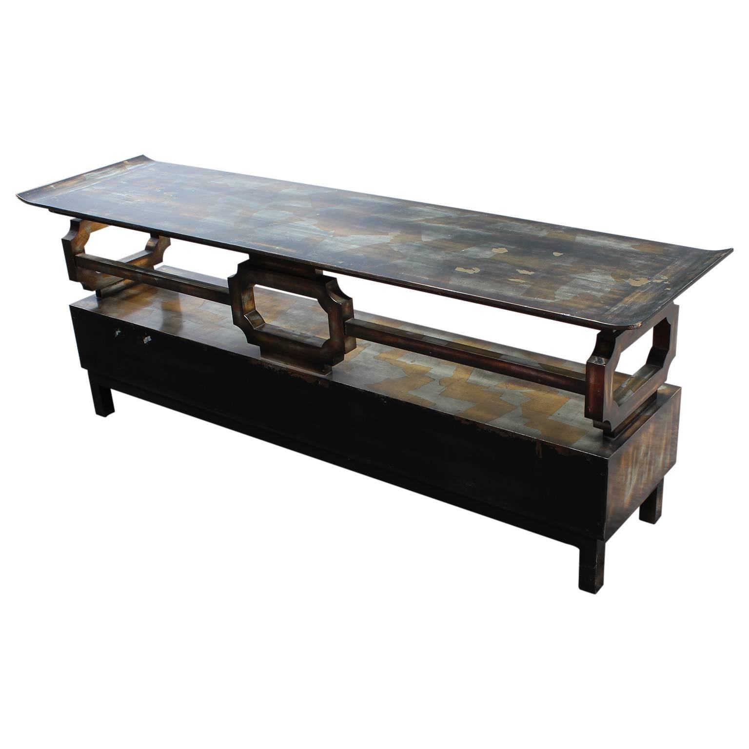 American James Mont Asian Pagoda Top Console Table or Sideboard Silver Gold Leaf