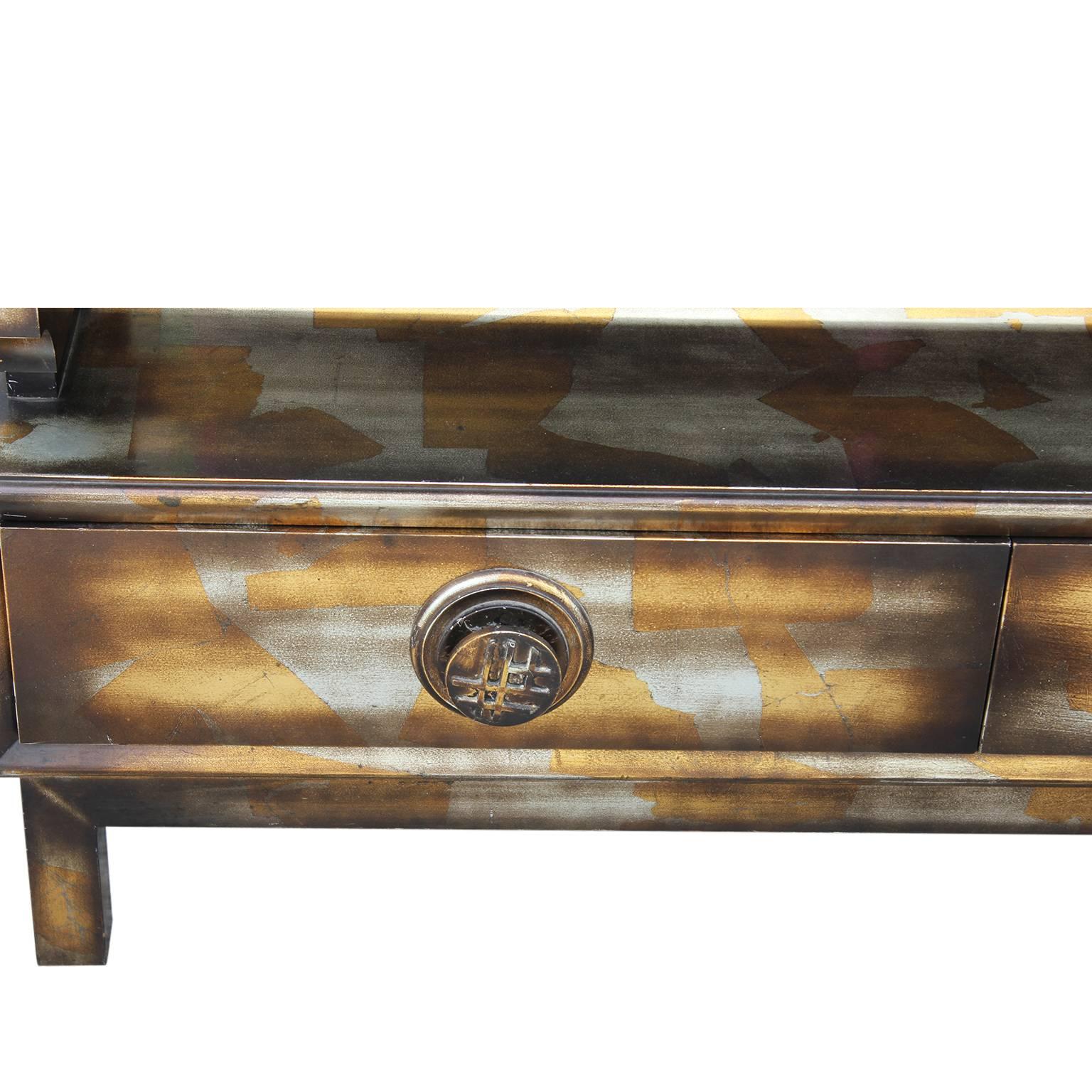 James Mont Asian Pagoda Top Console Table or Sideboard Silver Gold Leaf In Good Condition In Houston, TX
