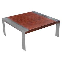 Modern Square Chrome Rosewood Coffee Table in the Style of Milo Baughman 