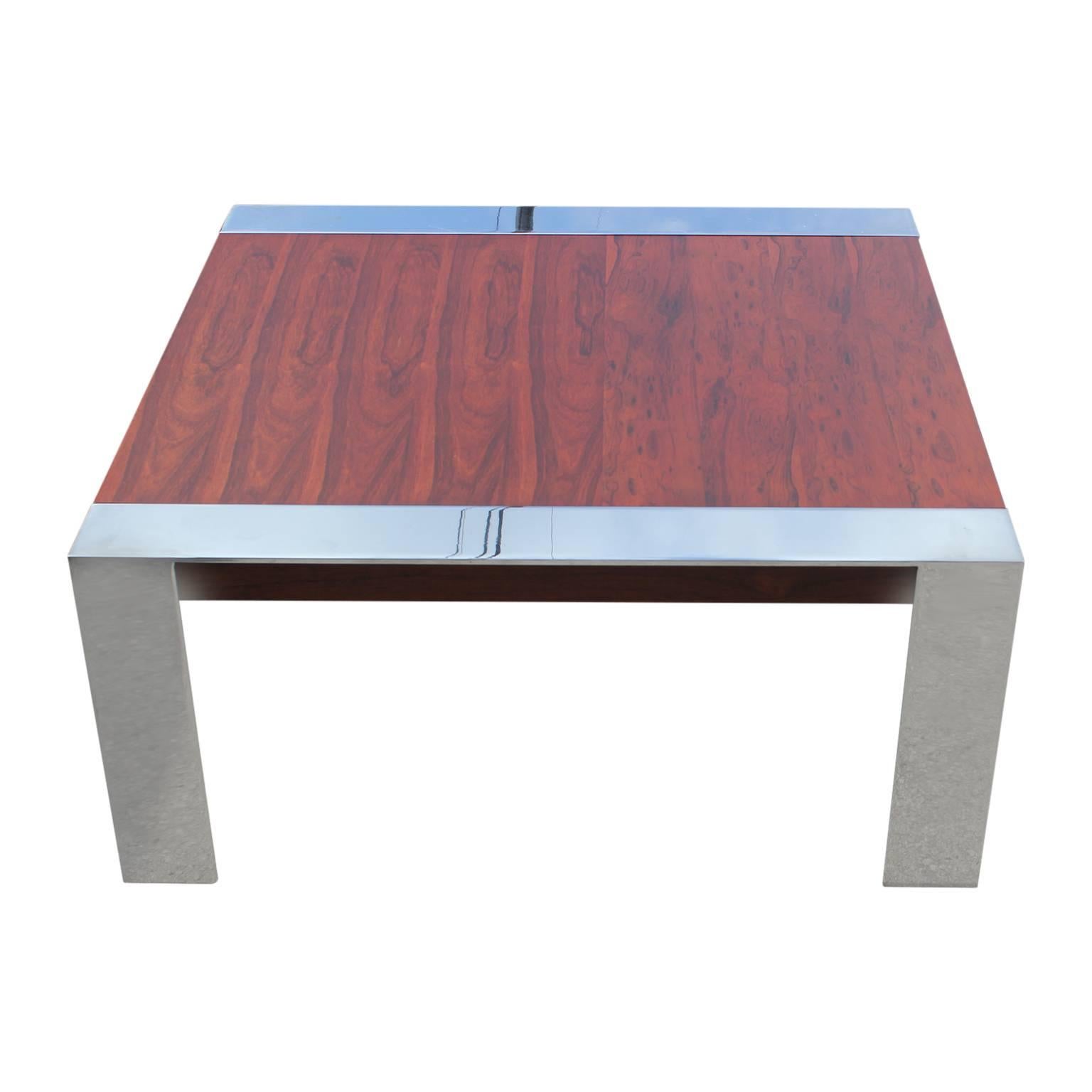 American Modern Square Chrome Rosewood Coffee Table in the Style of Milo Baughman 