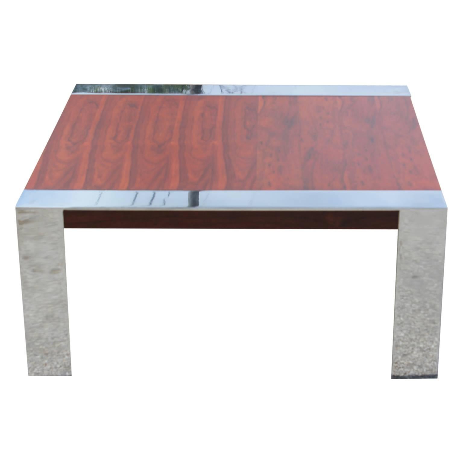 Modern Square Chrome Rosewood Coffee Table in the Style of Milo Baughman  In Excellent Condition In Houston, TX