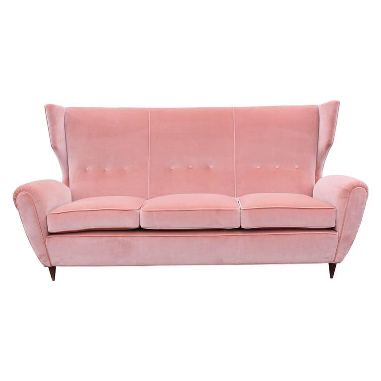 Modern Italian Wingback Sofa In Blush Pink Velvet Paolo Buffa