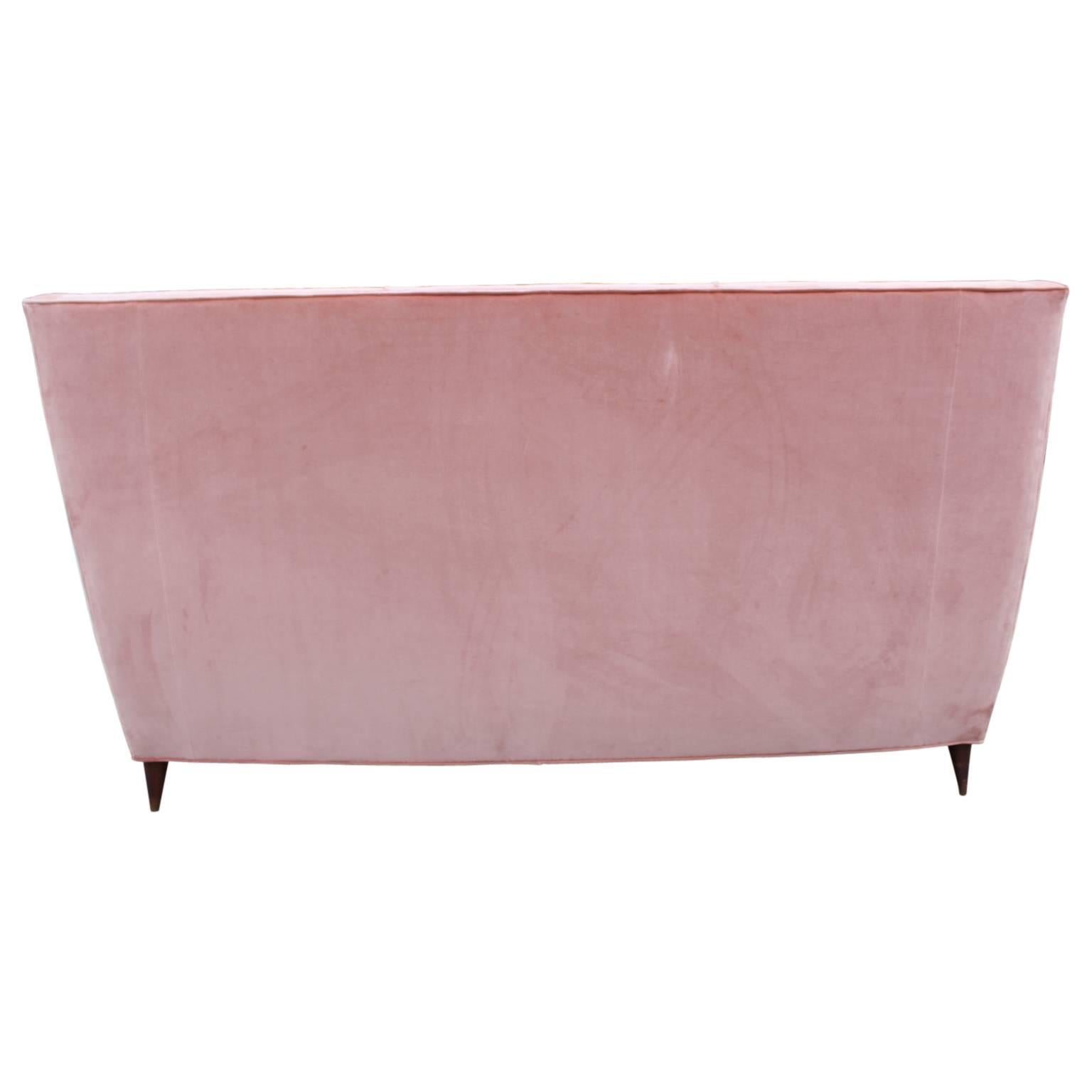 Mid-Century Modern Modern Italian Wingback Sofa in Blush Pink Velvet Paolo Buffa Style