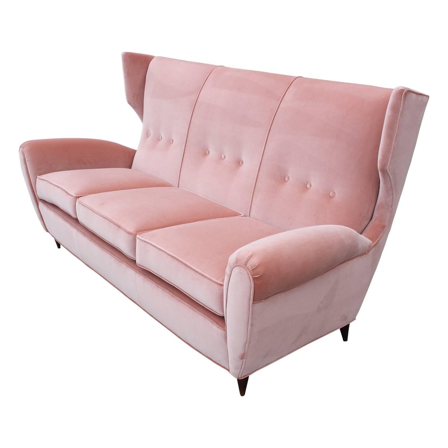 Modern Italian Wingback Sofa in Blush Pink Velvet Paolo Buffa Style