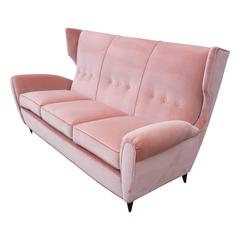 Vintage Modern Italian Wingback Sofa in Blush Pink Velvet Paolo Buffa Style