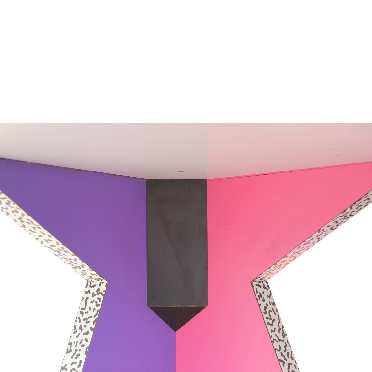 Modern Ettore Sottsass Style Square Memphis Table with Pink and Purple Legs In Good Condition In Houston, TX