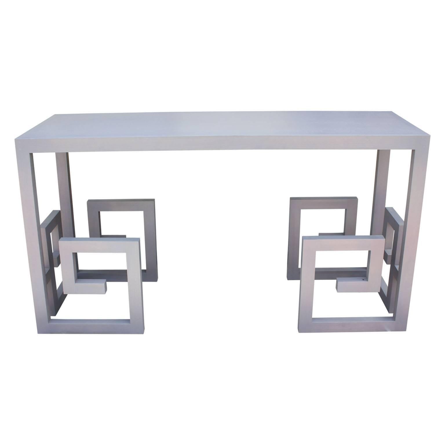 Unique Greek key console table in a light grey, custom-made. Perfect for an entry way or entertainment center.