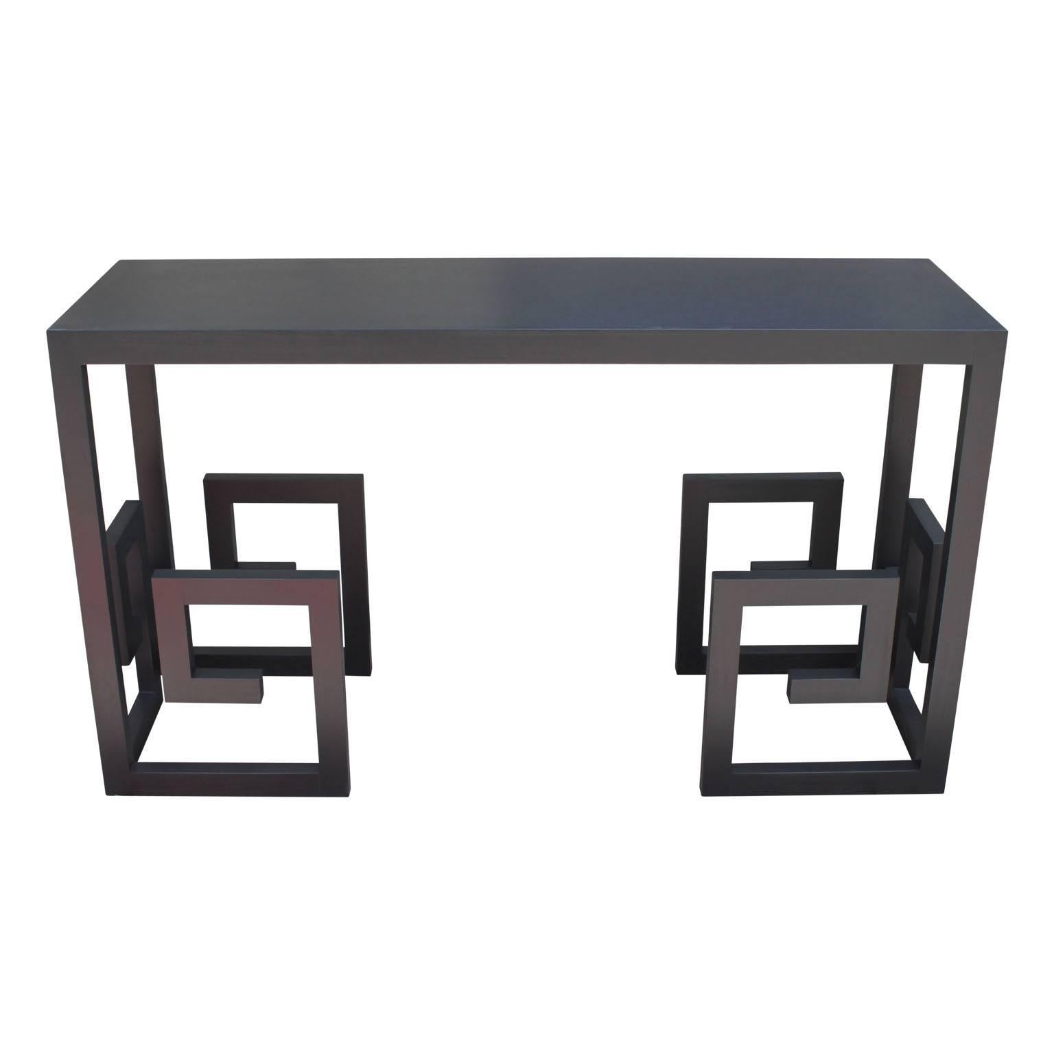 Custom-made Greek key shaped console table in black. A perfect piece for an entry way or entertainment centre.