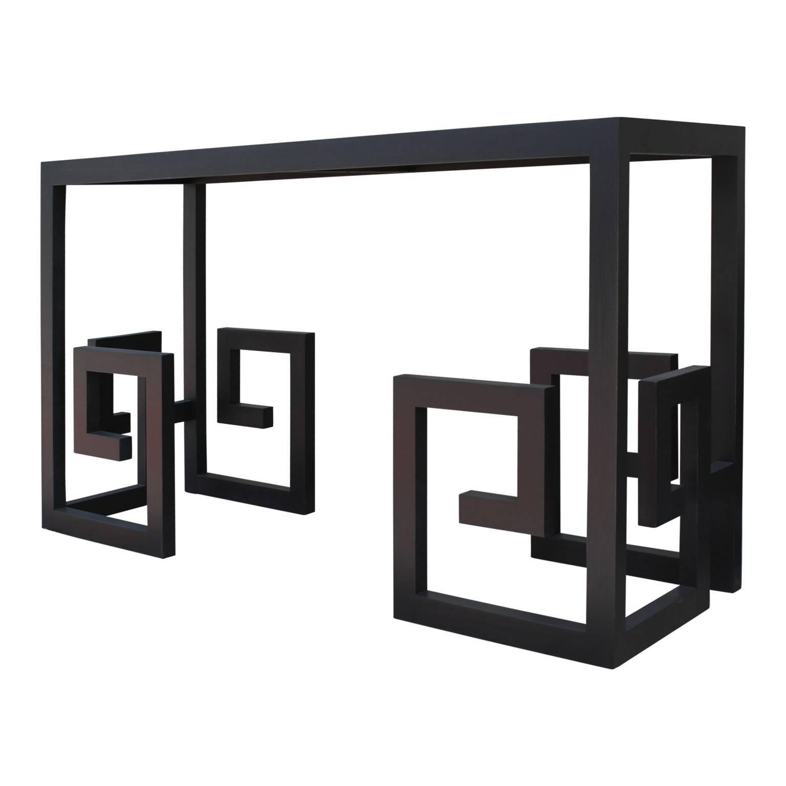 Modern Custom-Made Greek Key Console Table in Black In Excellent Condition In Houston, TX