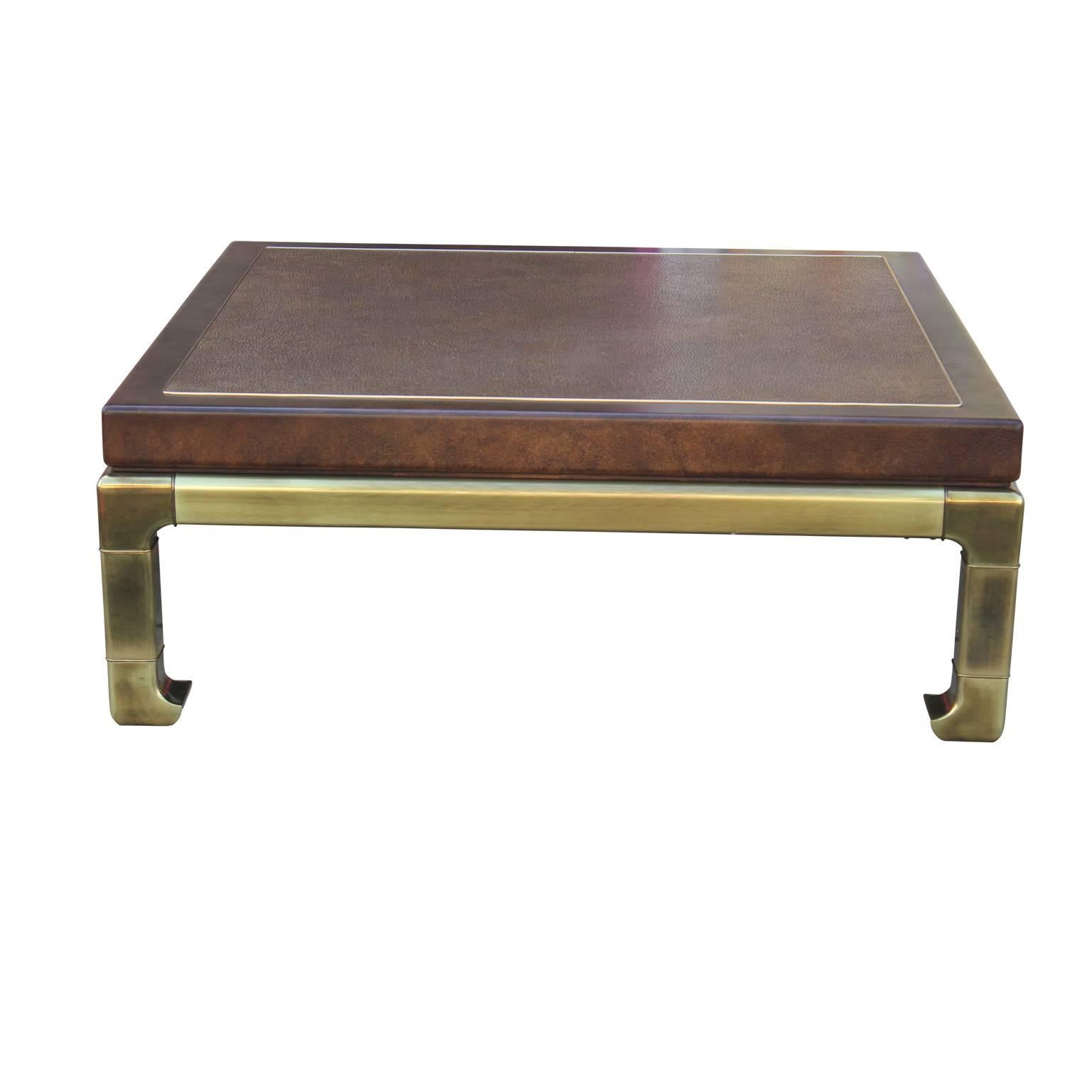 Hollywood Regency Modern Brass Coffee Table by Mastercraft with a Brown Lacquer Faux Skin Top