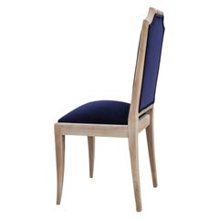 French Modern Blue Velvet Bleached Set of Six Dining Chairs, 1940s