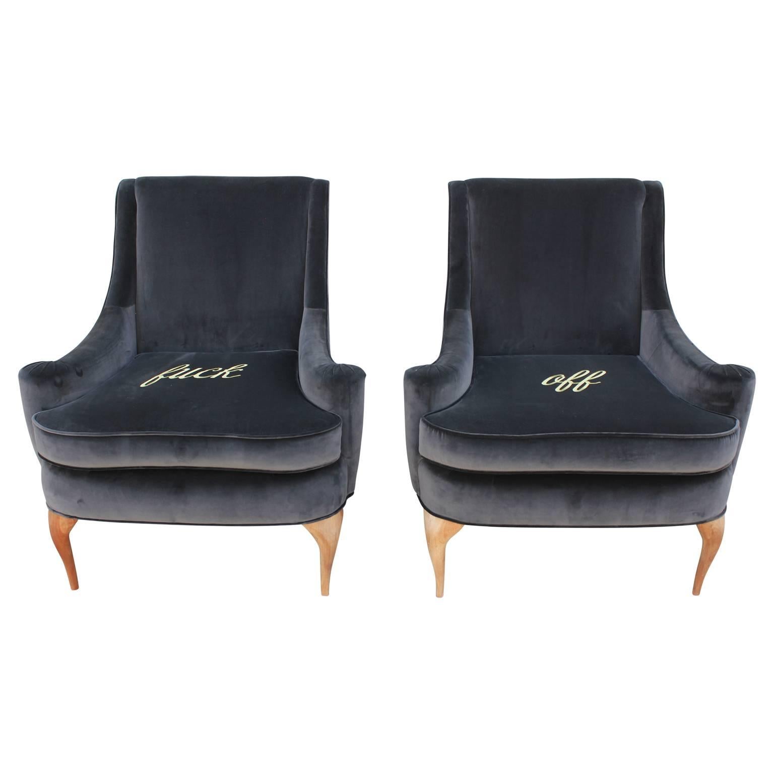 Stunning statement lounge chairs custom upholstered and embroidered with the words 