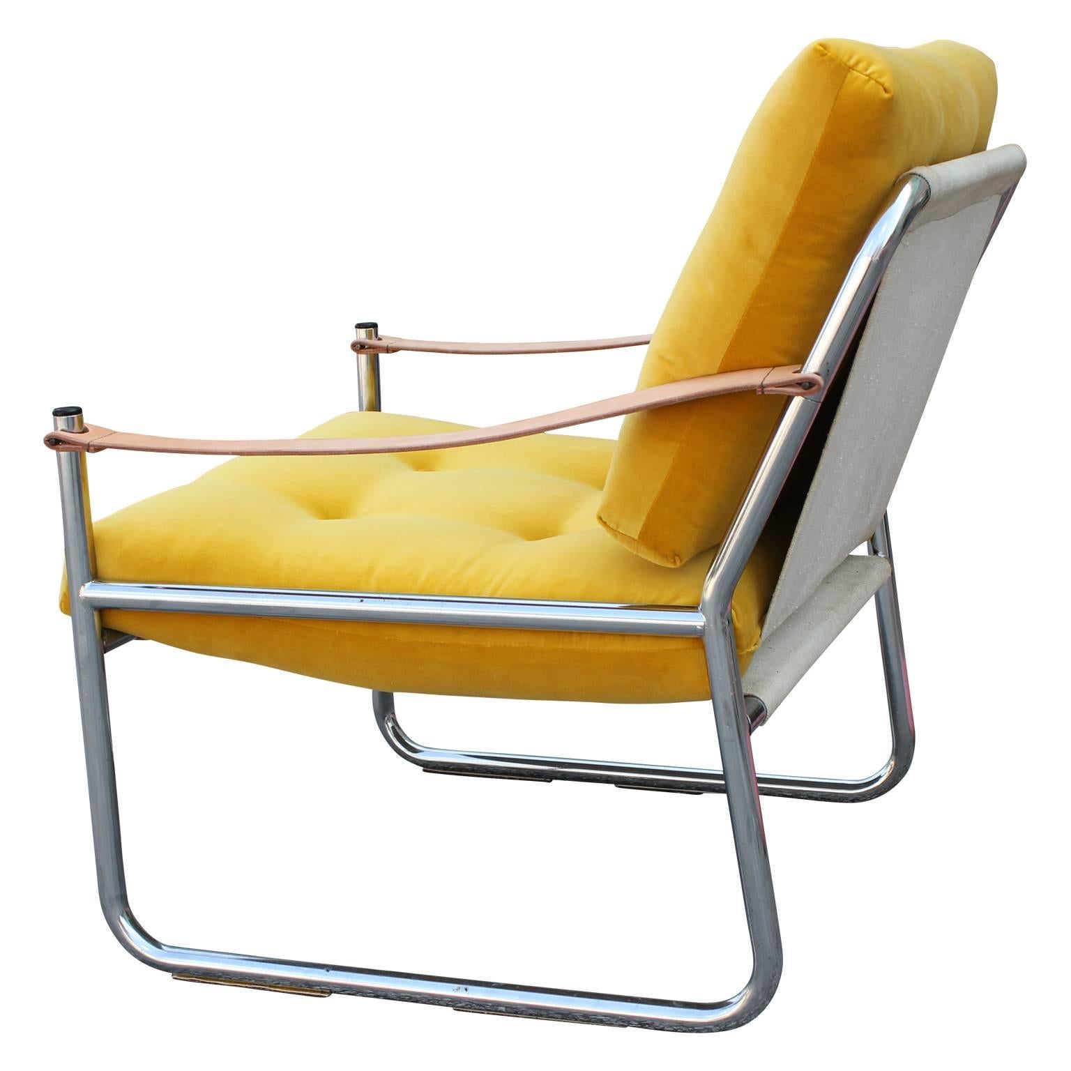 Scandinavian Modern Pair of Modern Danish Safari Style Lounge Chairs with Leather Straps and Chrome
