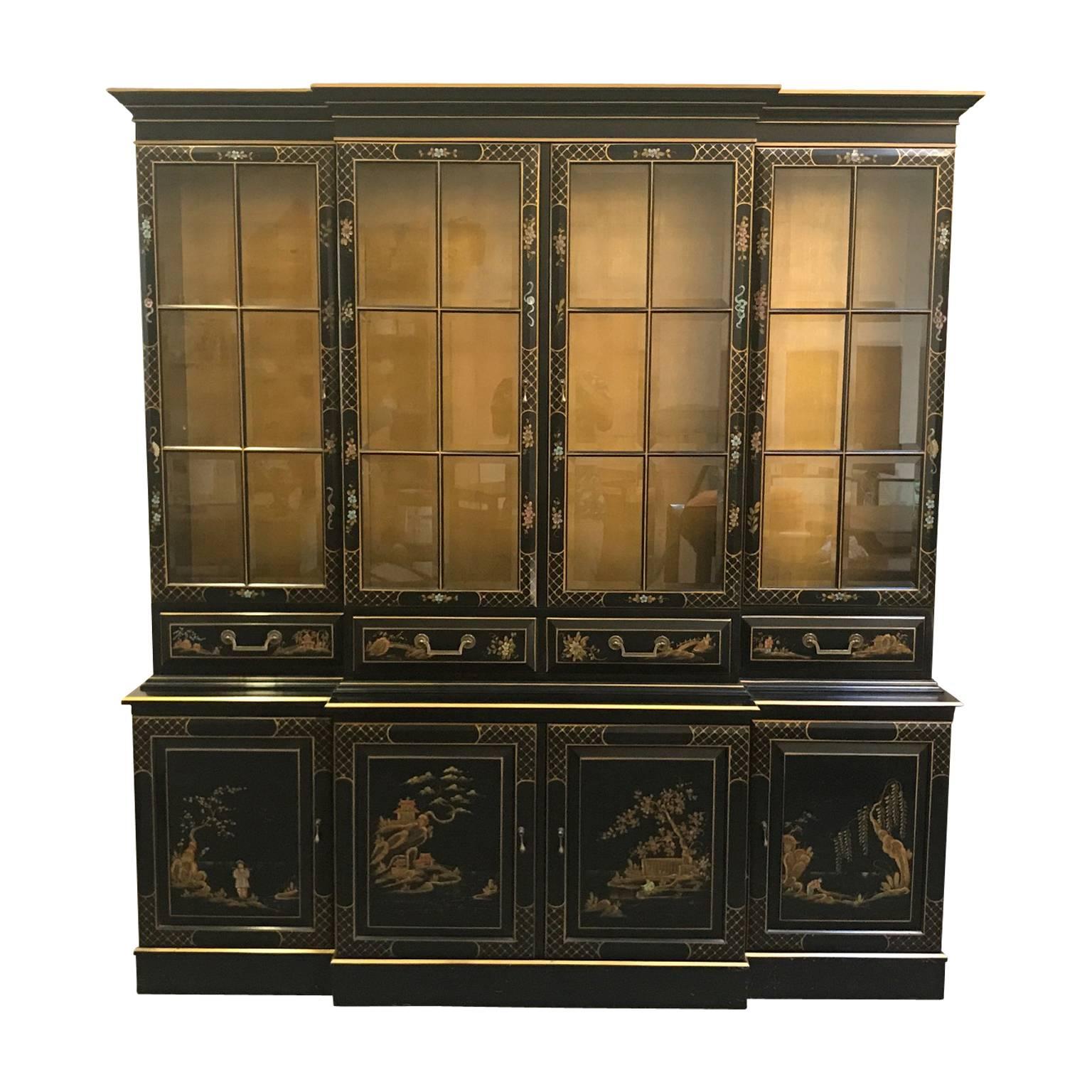 Gorgeous 20th century vintage China cabinet or buffet in the style of Karges with gold chinoiserie painted detailing. Fashioned with a breakfront secretary desk.