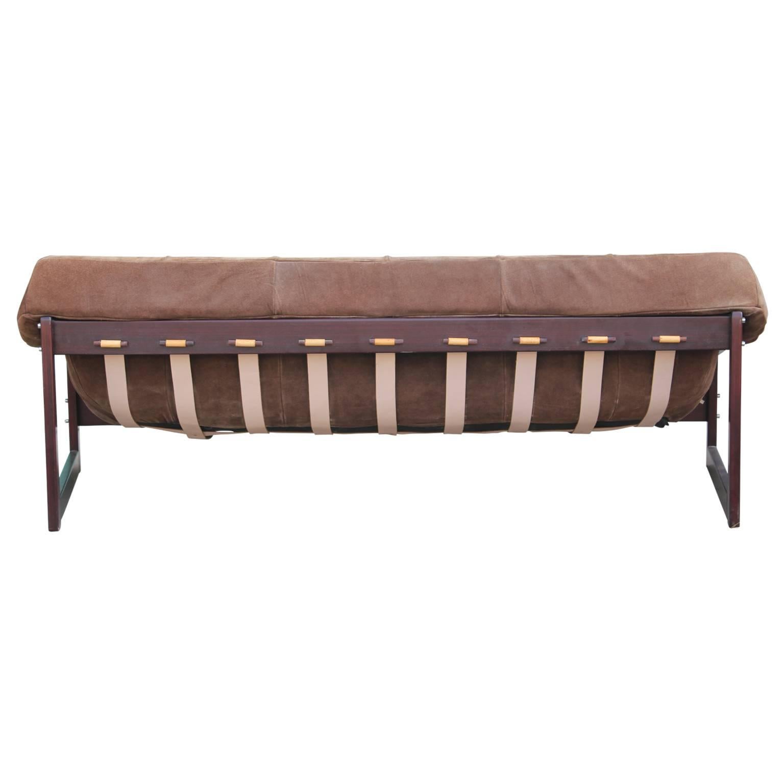 Modern Percival Lafer Brown Suede and Rosewood Lounge Sofa w/ Leather Strapping 2
