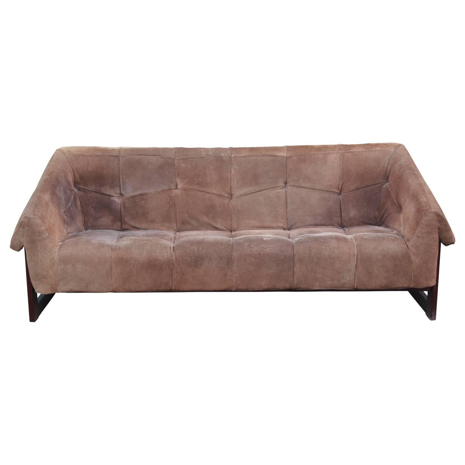 Unique Percival Lafer brown suede and rosewood sofa with leather strapping. The fabric is in it's original condition and needs to be recovered.