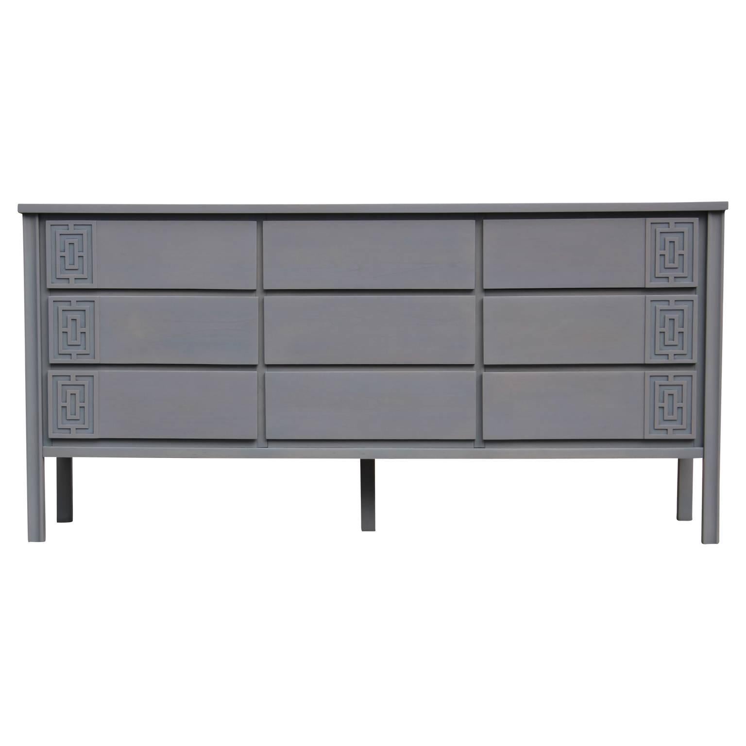 Mid-Century Modern Modern Asian Inspired Grey Nine-Drawer Dresser & Mirror w/ Chinese Key Detailing