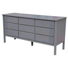 Modern Asian Inspired Grey Nine-Drawer Dresser & Mirror w/ Chinese Key Detailing