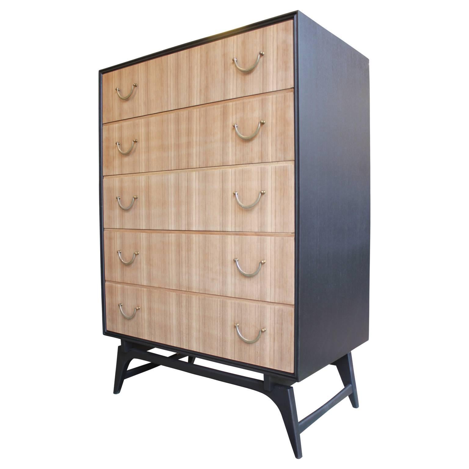 Mid-Century Modern Modern Two-Tone Five-Drawer Tall Dresser with Bleached Walnut and Brass Hardware