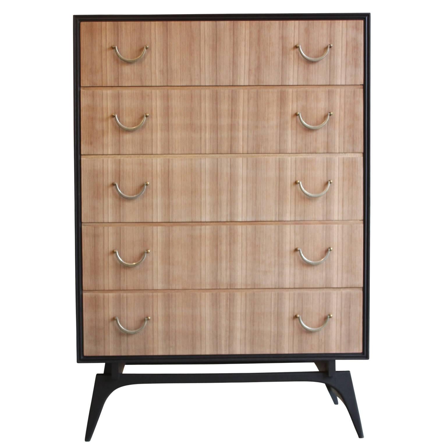 Modern Two-Tone Five-Drawer Tall Dresser with Bleached Walnut and Brass Hardware